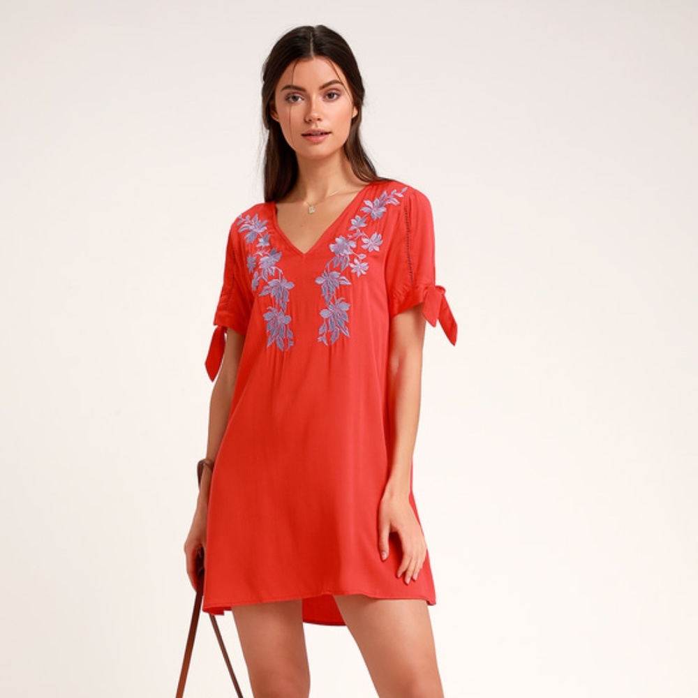 Ambrosia Lavender and Red Embroidered Tie-Sleeve Shift Dress